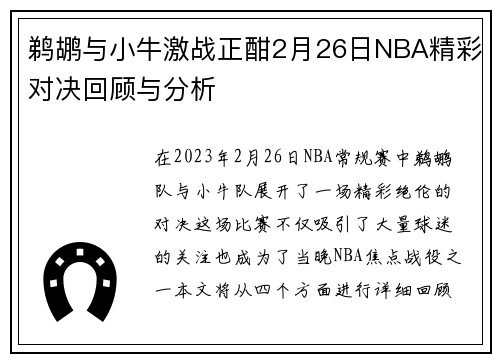 鹈鹕与小牛激战正酣2月26日NBA精彩对决回顾与分析