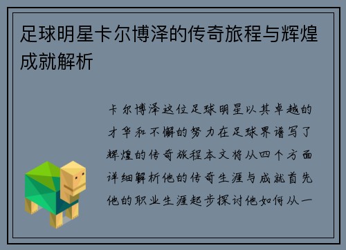 足球明星卡尔博泽的传奇旅程与辉煌成就解析
